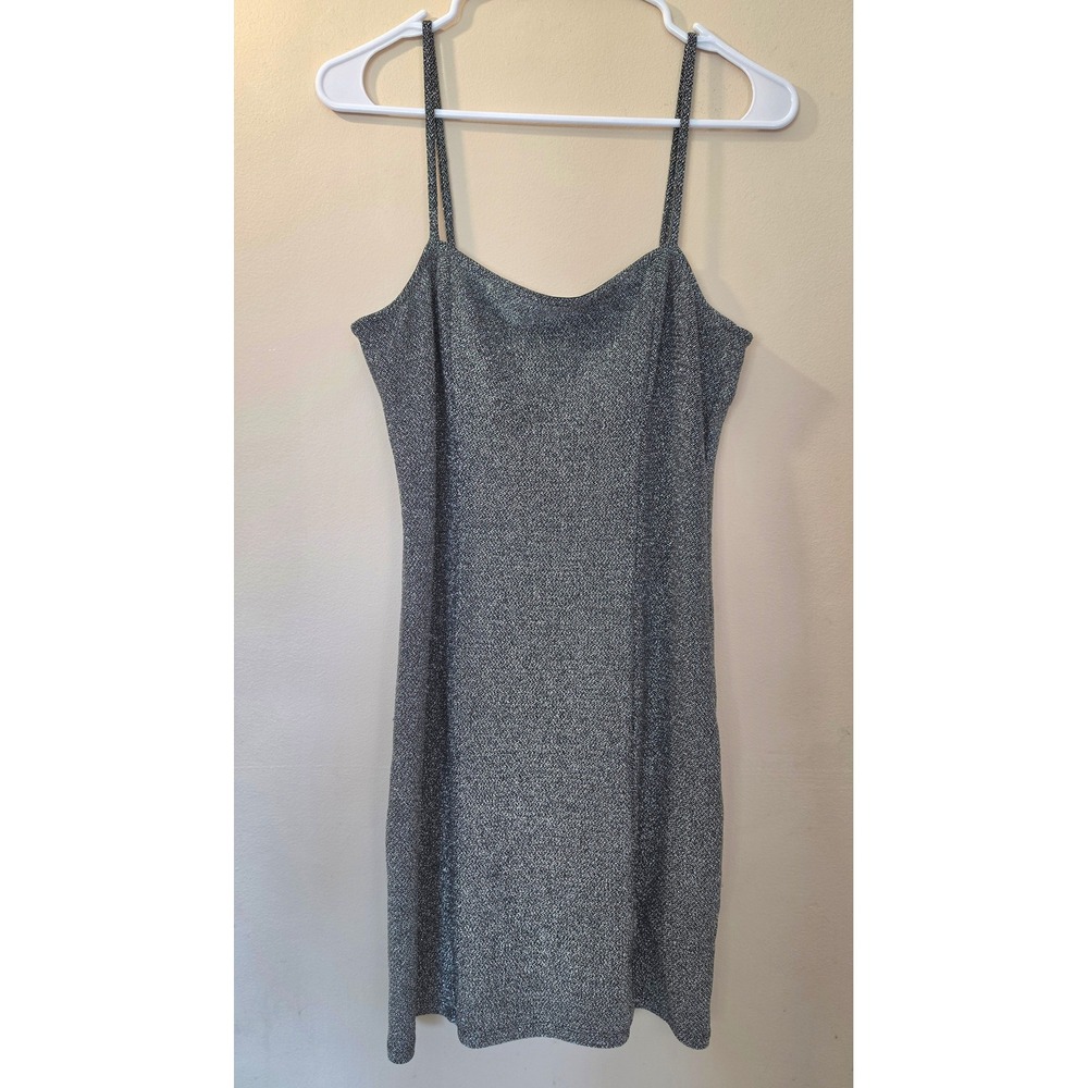 HM Divided Silver Metallic Sparkle Mini Dress Square Neck Bodycon Slit Size M